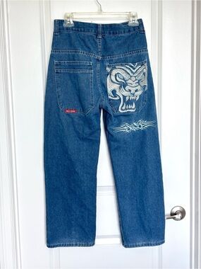 JNCO Y2K tiger Tribal Embroidered Baggy Wide Leg Jeans Streetwear Skater S